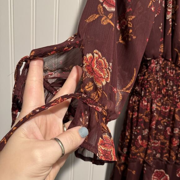 Fig Flower Maroon Floral Tiered Peasant Dress Midi Length Size XL - Picture 3 of 7